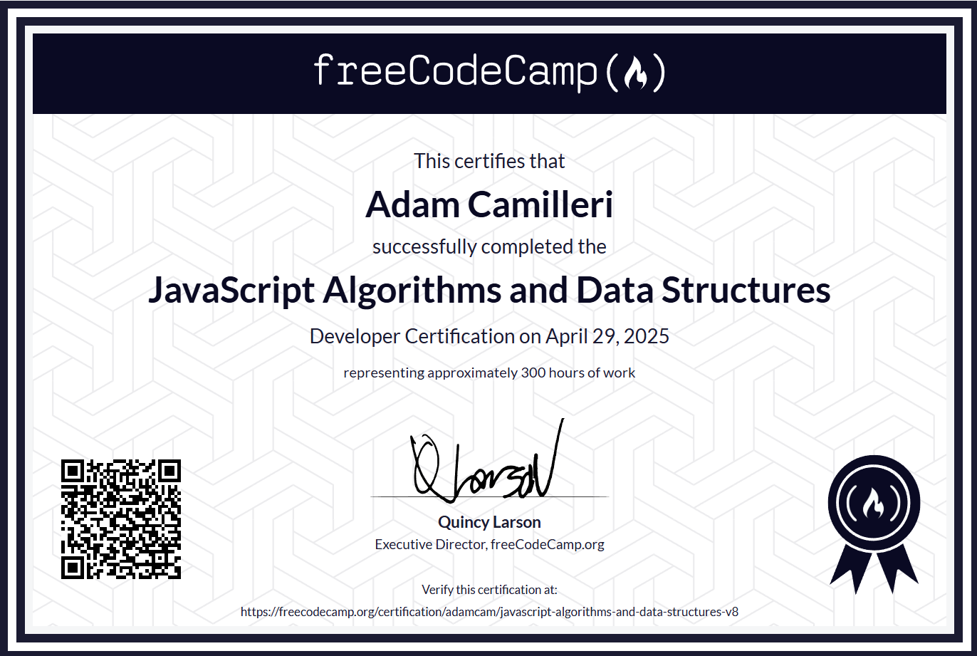 freeCodeCamp JavaScript Algorithms and Data Structures Certificate